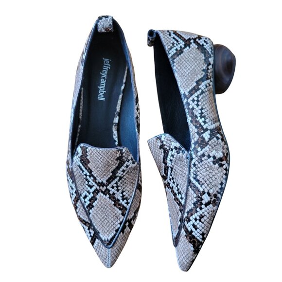 Jeffrey Campbell 8.5 Snake Print Pointed Toe Loafers Wooden Heel VIONA - Picture 1 of 8
